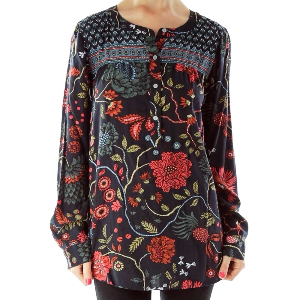 Loft Blouse XS Red Henley Floral 1/2 Button